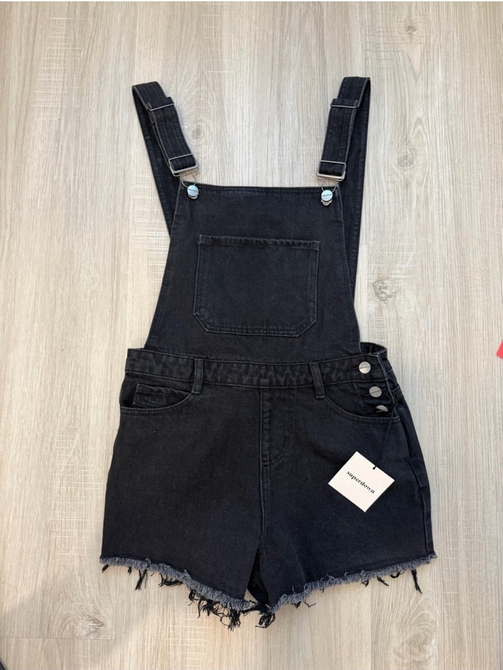superdown Black Denim Short Overalls with Frayed Hem